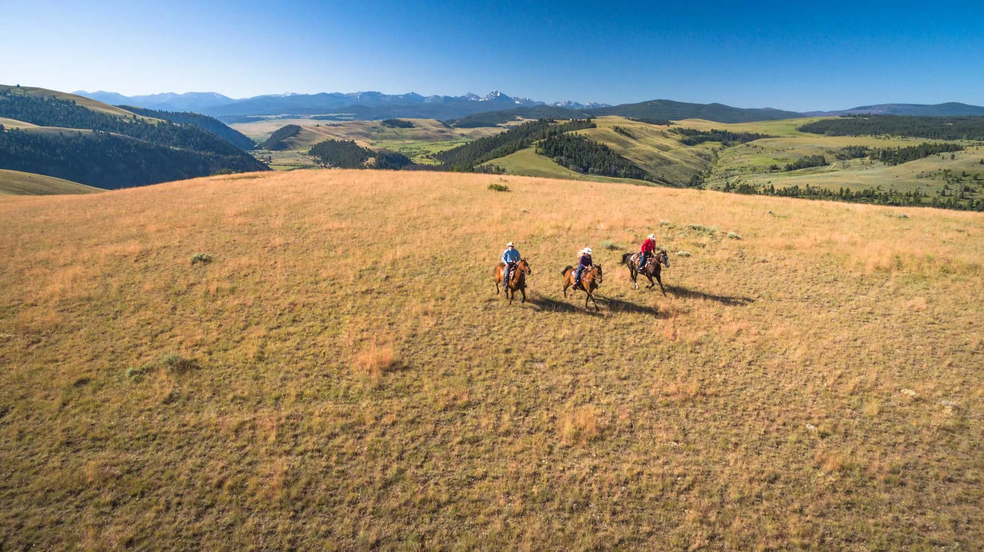 Aerial view of three people on horses in beautiful mountain scenery