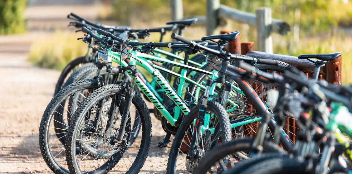 Several mountain bikes all lined up and parked next to each other