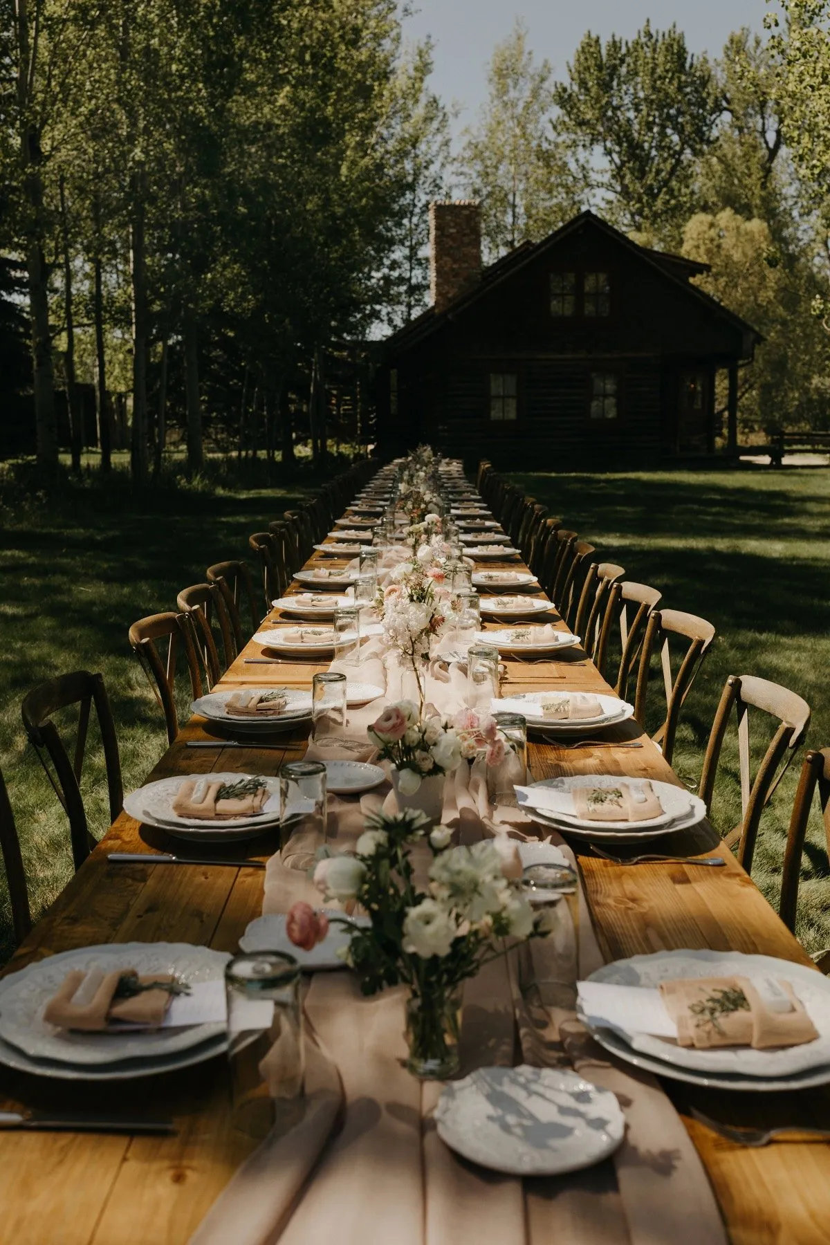 Long table set for an event outside