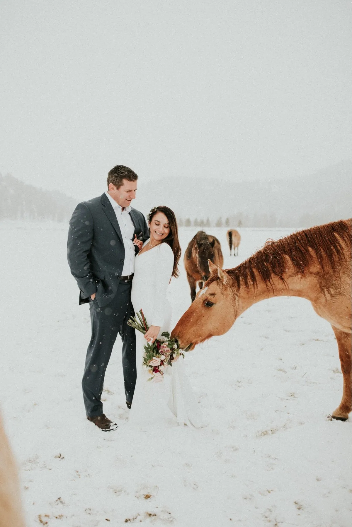 Bride and groom in snowy field with horse trying to eat the bouquet