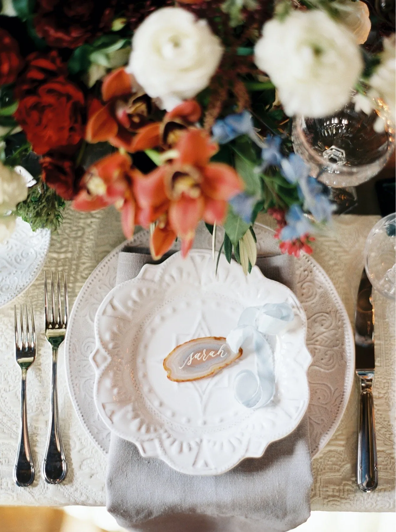 Close up of place setting at a wedding