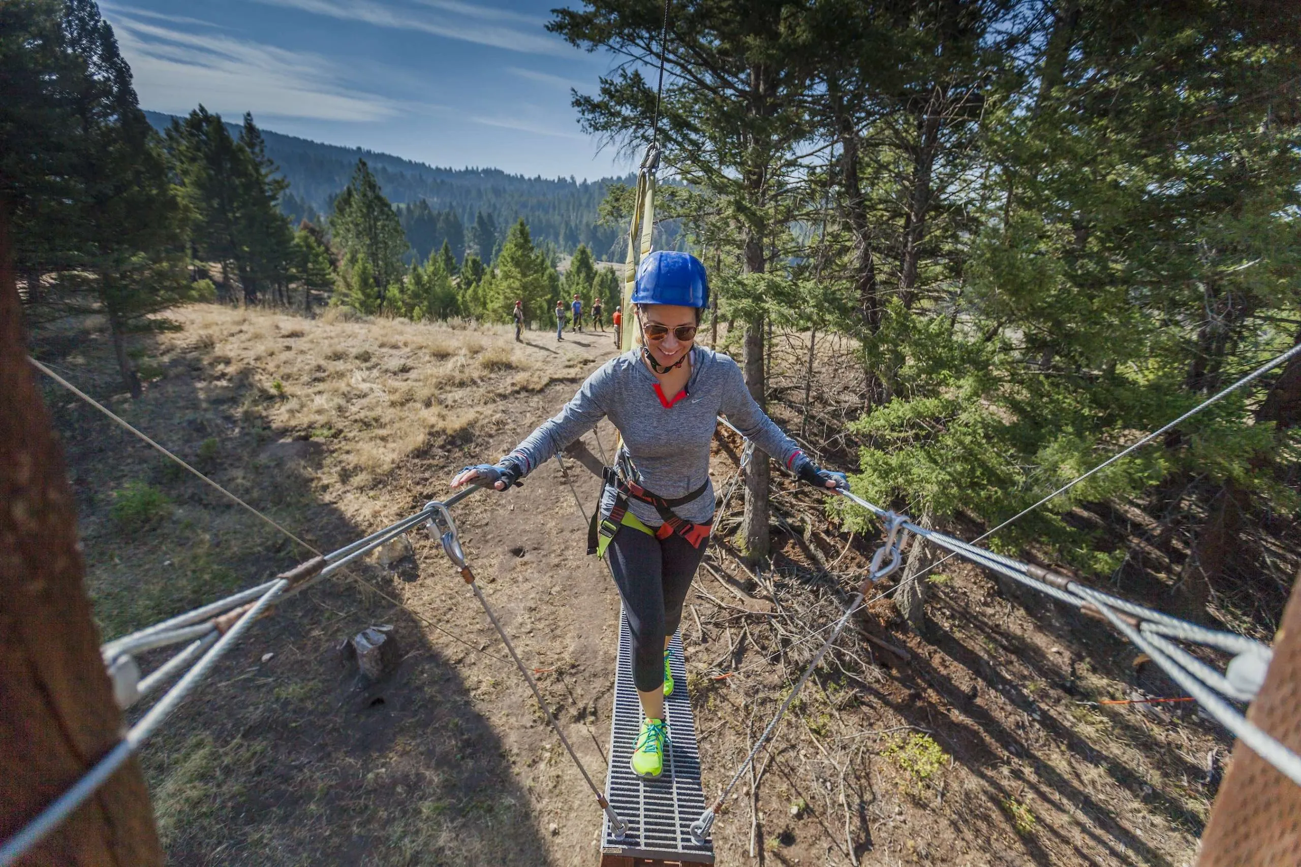 A woman walking through an obstacle course