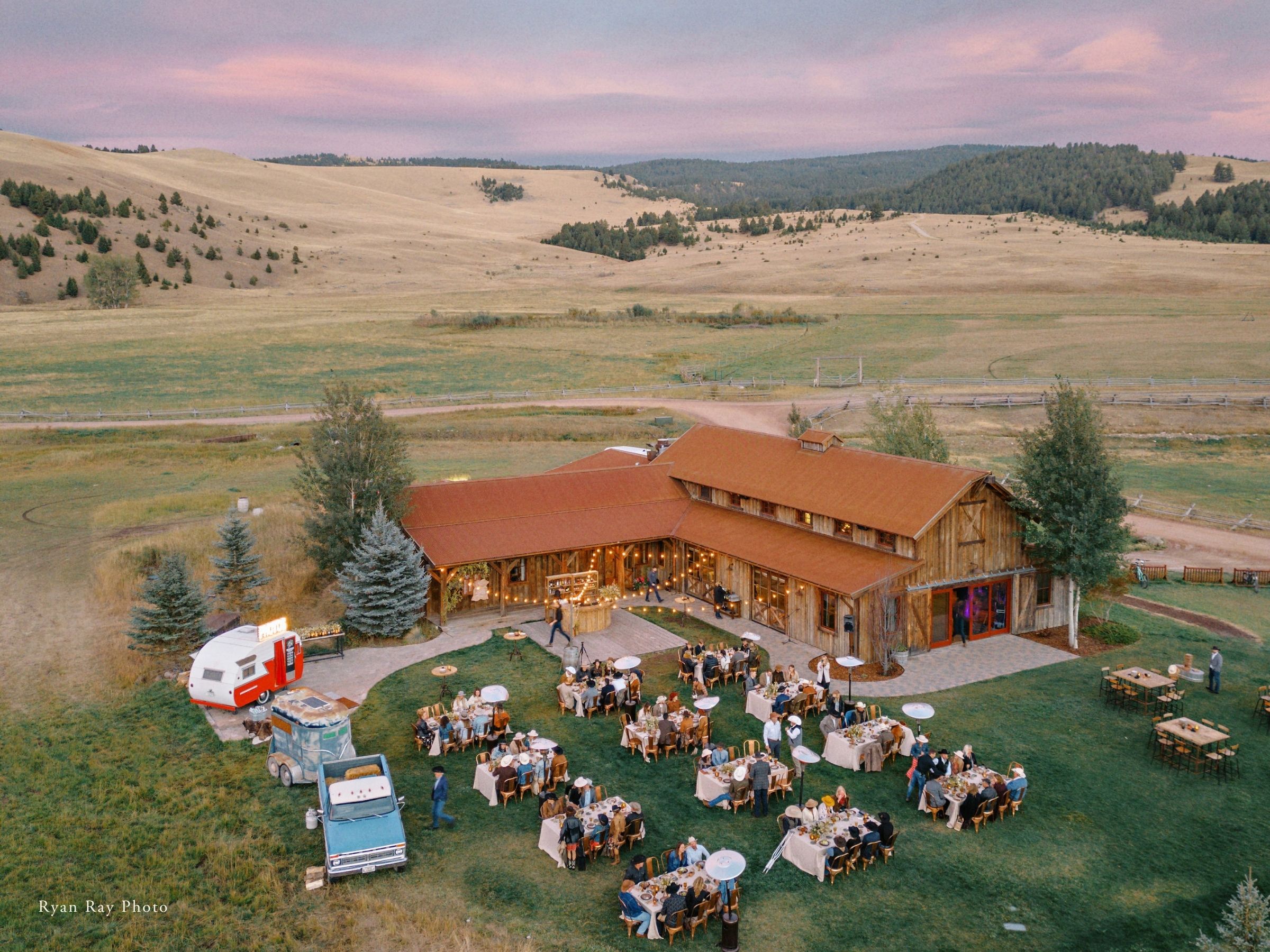 Aerial view of an event at The Buckle Barn